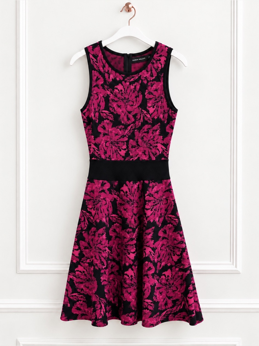 NWT Karen Millen $299 XS Pink Black Floral Knit A Line Fit Flare Dress